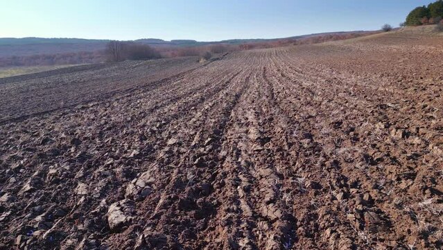 Agriculture, fertile land, ploughed field, lateral motion view, skyline