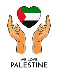 a pair of hands with a prayer gesture with a heart-shaped Palestinian flag