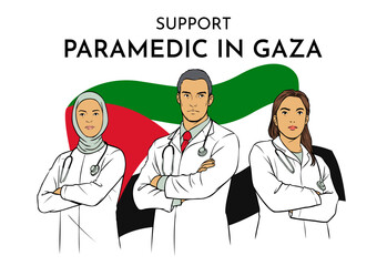 doctors serving in Gaza Palestine with the Palestinian flag in the background