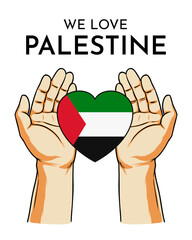 a pair of hands with a prayer gesture with a heart-shaped Palestinian flag