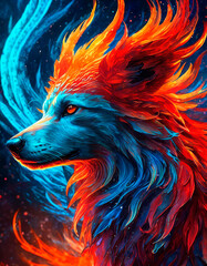 Mystical dog close-up. Colorful illustration with digital red fire and blue color, like a phoenix.