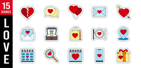 Planche pictogramme icones et symbole amour love saint valentin coeur couleur relief