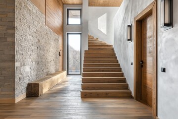Rustic Elegance: Cozy Hallway with Wooden Staircase and Stone Cladding Wall, Modern Home Interior Entrance