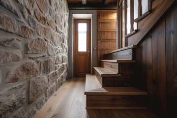 Fototapeta na wymiar Rustic Elegance: Cozy Hallway with Wooden Staircase and Stone Cladding Wall, Modern Home Interior Entrance