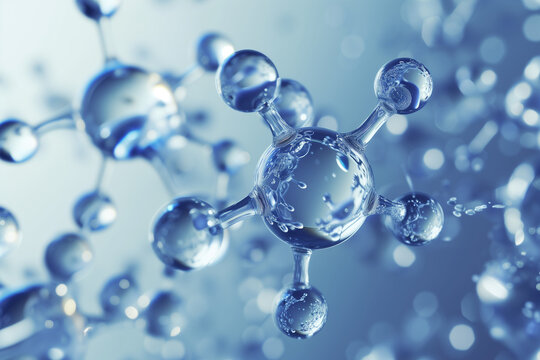 The image shows a 3D illustration of water molecules, depicted as interconnected spheres and rods in a cool blue tone, symbolizing a molecular structure