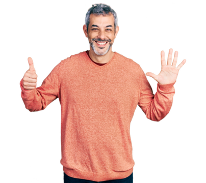 Middle age hispanic with grey hair wearing casual sweater showing and pointing up with fingers number six while smiling confident and happy.