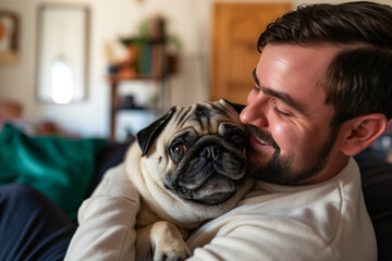 Happy man with his pug dog in a living room