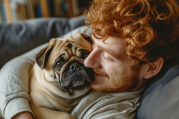 Young adult happy redhead man with his pug dog in a living room