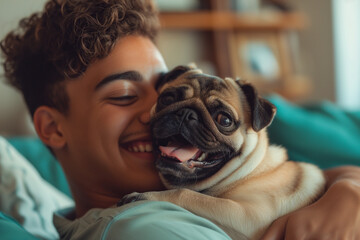 Young adult happy man with his pug dog in a living room