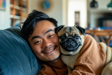 Happy asian man with his pug dog in a living room