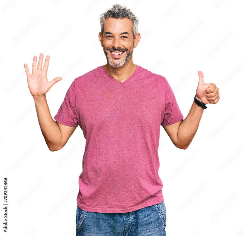 Sticker middle age grey-haired man wearing casual clothes showing and pointing up with fingers number six wh