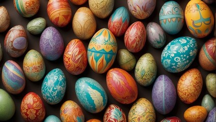 Fototapeta na wymiar Pattern of hand-colored Easter eggs with abstract and imaginative designs.