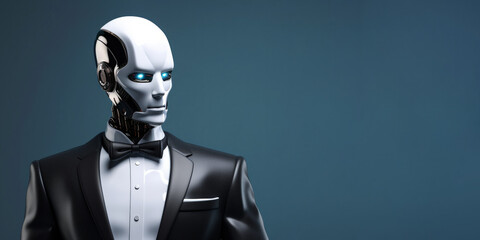 A sophisticated humanoid robot dressed in a formal black tuxedo suit on a minimal blue banner background with copy space for text. Futuristic technology concept - obrazy, fototapety, plakaty