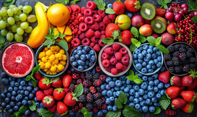 Freshest most nutritious foods. A table filled with a wide variety of fresh and colorful fruits, creating a visually delightful and healthy display.
