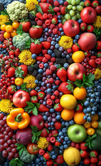 Naklejka na ściany i meble Fruit and vegetable image wallpapers. A vibrant array of various nutritious fruits and vegetables artfully arranged for display.