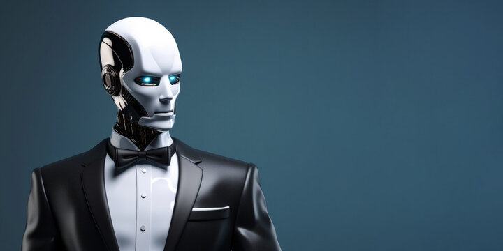 A sophisticated humanoid robot dressed in a formal black tuxedo suit on a minimal blue banner background with copy space for text. Futuristic technology concept