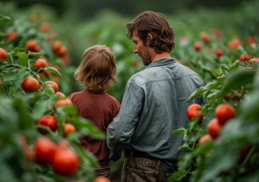 Family farmerc in a greenhouse. A man and a child stand amidst a vibrant field of tomatoes, working together in the bountiful agricultural setting.