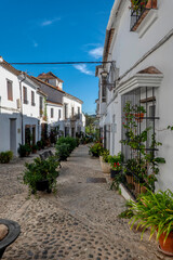 Fototapeta na wymiar Whitewashed houses on a traditional street decorated with flower pots in the pretty village of Jimena de la Frontera, in the province of Cadiz, Andalusia, Spain