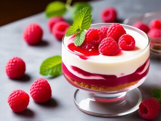 raspberry cheese cake dessert in glass, trifle with fresh berries - obrazy, fototapety, plakaty