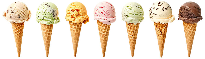 Many assorted ice cream on waffle cone flavors isolated on white or transparent background. - Powered by Adobe