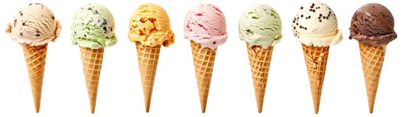 Foto auf Alu-Dibond Many assorted ice cream on waffle cone flavors isolated on white or transparent background. © Jaroslaw