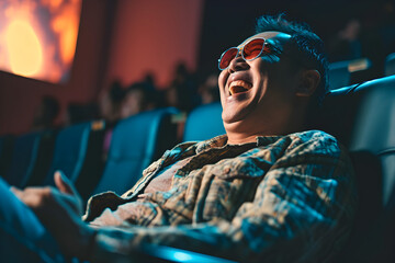 happy Asian man in cinema watching movie