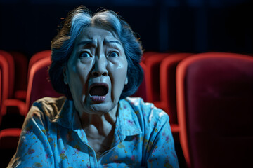 senior Asian woman in cinema terrified reaction - obrazy, fototapety, plakaty