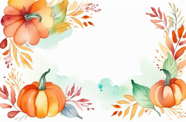Fototapeta na wymiar Watercolor autumn background with pumpkins and leaves.