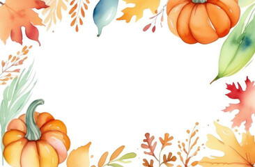 Watercolor autumn leaves and pumpkins frame on white background. Hand painted illustration