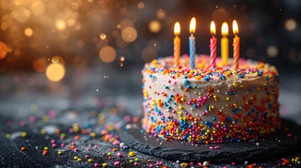 Fotobehang Celebration birthday cake with colorful sprinkles and twenty one colorful birthday candles © Vasiliy