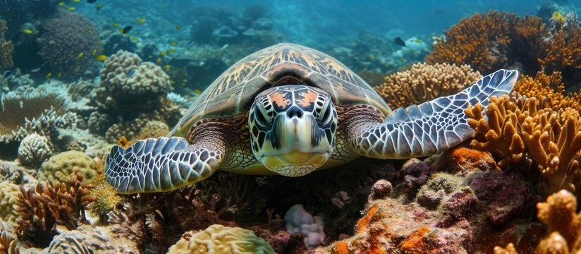 Green sea turtle submerged in coral reef in the waters near Sipadan in the Celebes Sea.