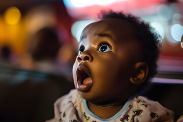 black baby in cinema watching movie with surprised reaction