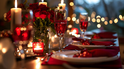 Fototapeta na wymiar Romantic Valentine's Dinner Table Setting with Roses and Candles