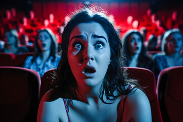 Fototapeta premium woman in cinema terrified reaction