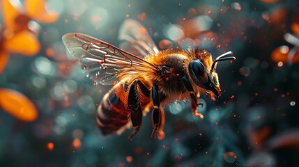 Generative AI image of An insane close-up head shot of a flying bee - obrazy, fototapety, plakaty