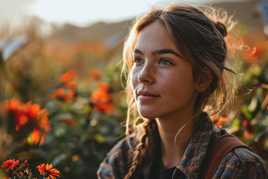 Serene Young Woman Enjoying Sunset in Flower Field Generative AI image