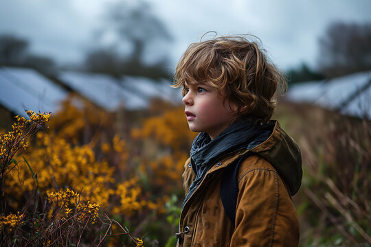Young boy contemplating nature in a rural setting Generative AI image