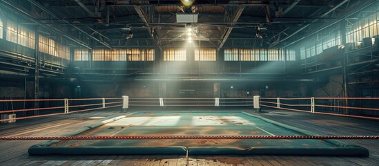 Gym's boxing arena prepares for action. - obrazy, fototapety, plakaty