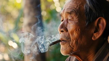 happy retired senior Asian man smoking medicinal cannabis blunt outside in nature