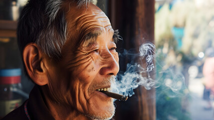 happy retired senior Asian man smoking medicinal cannabis blunt outside in nature - obrazy, fototapety, plakaty