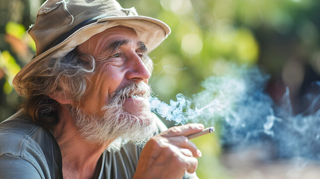 happy retired senior man smoking medicinal cannabis blunt outside in nature