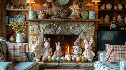 A cosily decorated living room in a cottage, featuring a traditional fireplace with springtime and Easter decorations. Vibrant pastel colours and rustic decor add a festive touch