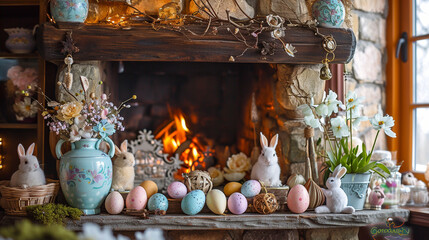 A cosily decorated living room in a cottage, featuring a traditional fireplace with springtime and Easter decorations. Vibrant pastel colours and rustic decor add a festive touch