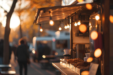 food truck in city Autumn festival, selective focus - obrazy, fototapety, plakaty