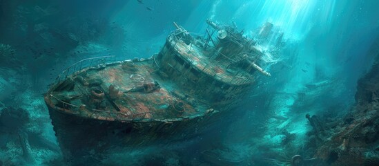 Underwater diving amidst shipwrecked scenery, where an ancient vessel lies submerged, awaits a quest for hidden riches. - obrazy, fototapety, plakaty