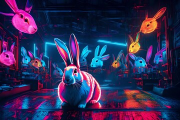 Pop art style featuring neon-infused portraits of rabbits