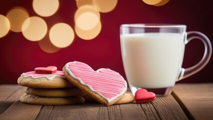 Heart shaped cookies,milk jug and glass of milk on wooden table.Valentine's day concept.Mother's day