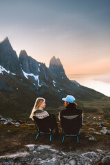 Couple in love man and woman hiking together Valentines day outdoor in mountains travel lifestyle...