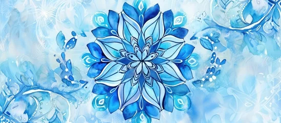 Fotobehang Winter Blue geometric mandala with cute folk art Snowflake, in abstract hand-drawn watercolor pattern. © AkuAku