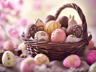Fototapeta na wymiar Delightful Selection of Artisan Easter Treats: Close-Up of Handcrafted Chocolates Arranged in a Charming Basket, Indulgent and Delicious Easter Celebration Concept